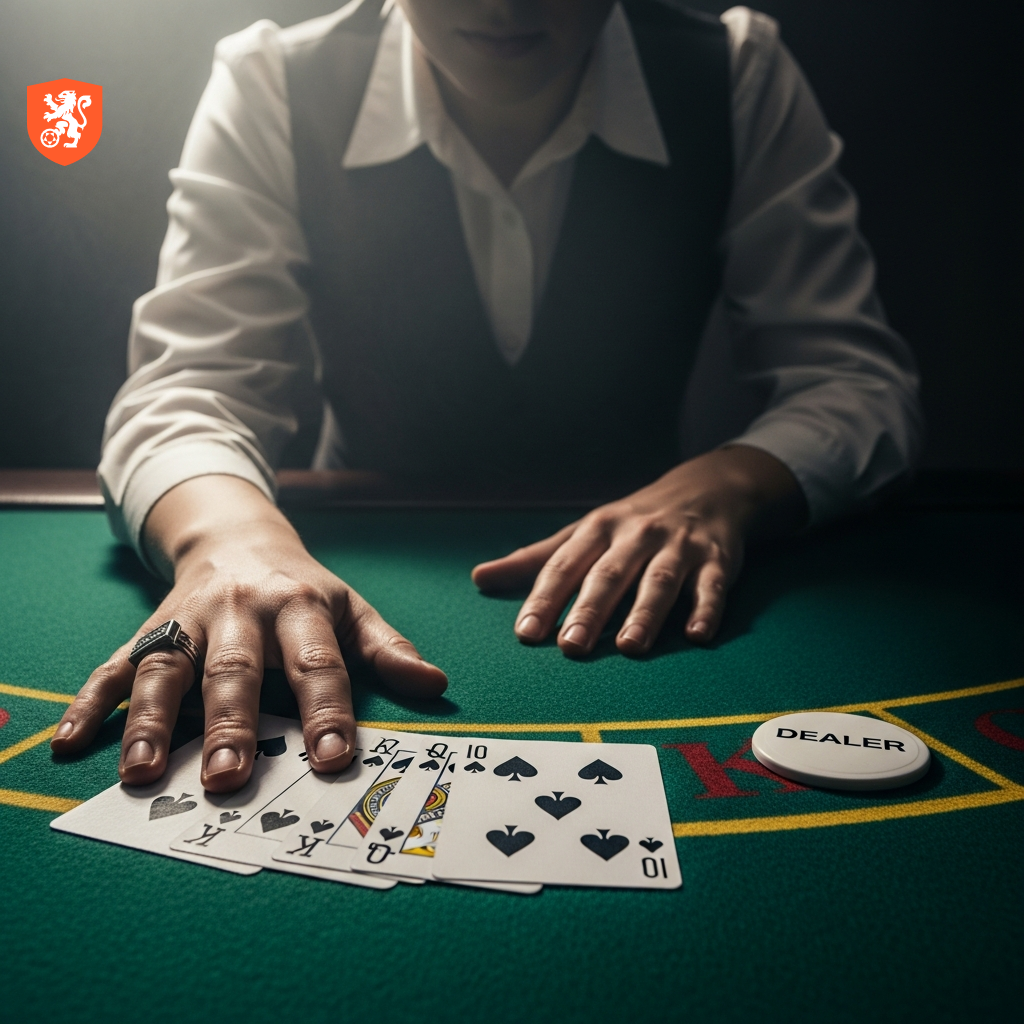 Close-up van dealer handen die kaarten delen aan een live casino tafel.